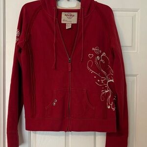 Vintage Hard Rock Cafe Women's Red Zip-Up Hoodie